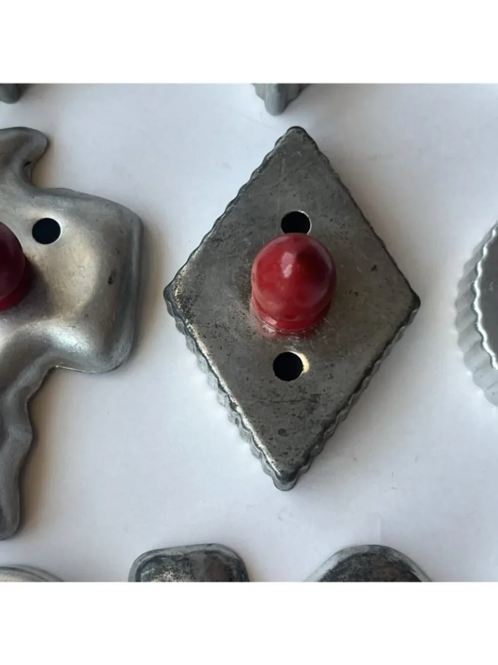 Vintage 12 Aluminum Cookie Cutters Red Handle Knobs Baking Retro Kitchen Decor